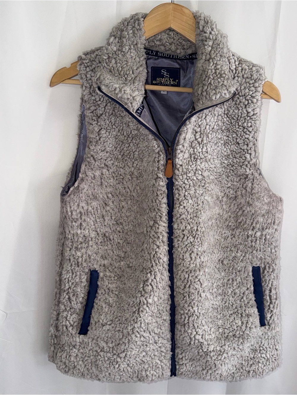 Simply Southern Light Gray Teddy Sherpa Vest with Navy Trim
